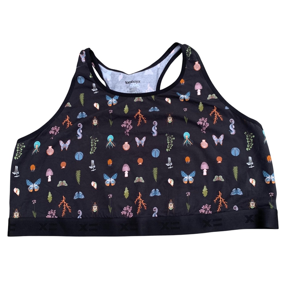 TomboyX Racerback Bralette Black Nature Mushroom Butterfly Print Size Medium